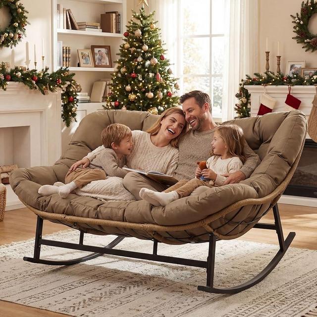 NICESOUL Double Large Papasan Chair Outdoor, Oversized 2 Person Egg Rocking Chair with Cushions, 700 lbs Heavy-Duty Wicker Loveseat Recliner Glider for Outdoor & Indoor Patio, Balcony & Garden, Brown