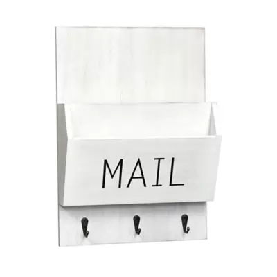 Wall Mail Bin with 3 Hooks in White