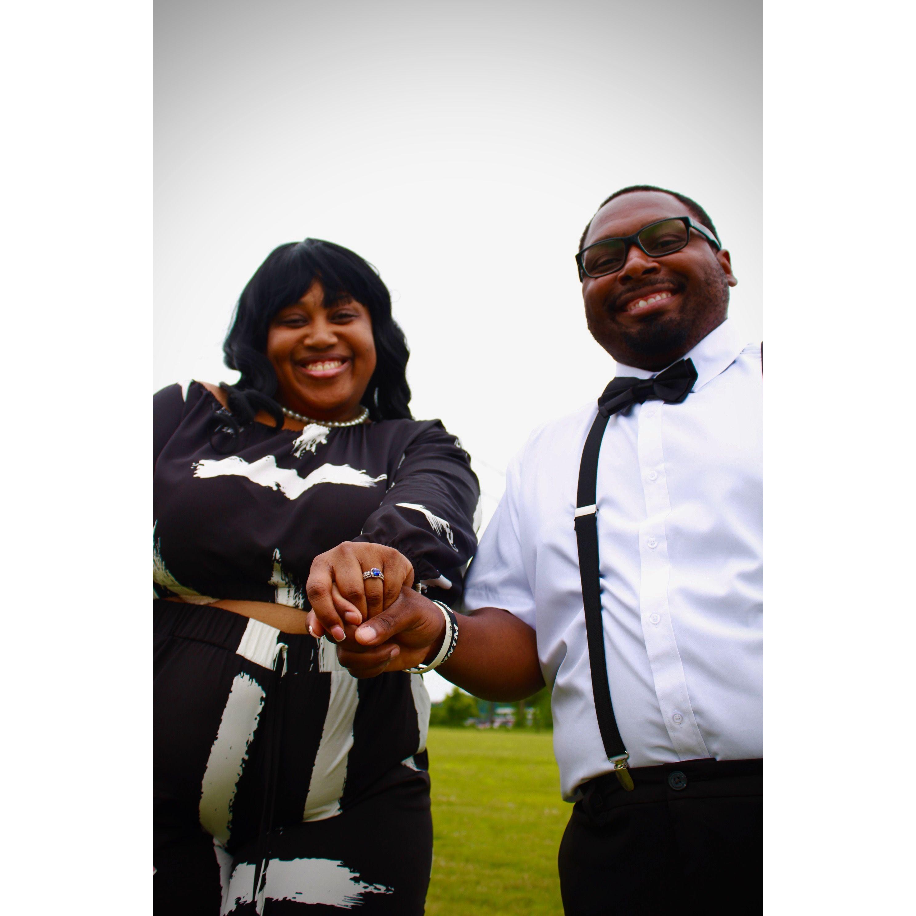 The day of Bria and Terrance's first engagement photoshoot in 2025. Terrance really rocks a bowtie and suspenders!
