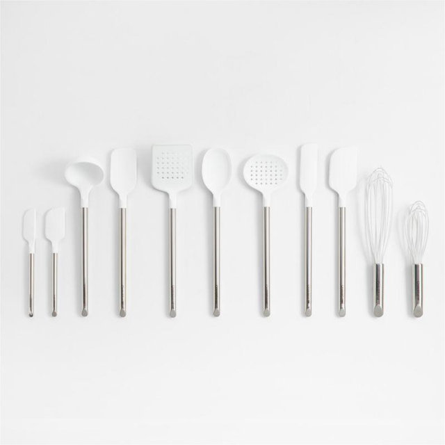 Crate & Barrel White Silicone and Stainless Steel Utensils, Set of 11