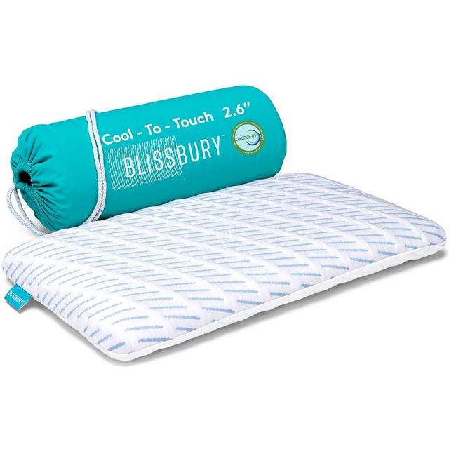 BLISSBURY Cooling Memory Foam Pillow, 2.6 Inch Thin, for Stomach & Back Sleeper, Queen Size, Removable Cool-Tech Cover, CertiPUR-US Certified