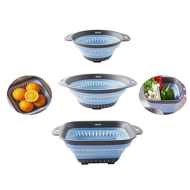 DLD Colander collapsible, Colander Strainer Over The Sink Veggies/Fruit Strainers and Colanders with Extendable Handles, Folding Strainer for Kitchen, 3pcs (BLUE)