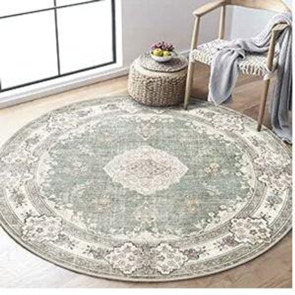 MUJOO Green Round Rug 5ft,Circle Washable Area Rugs for Bedroom Living Room Bathroom,Boho Large Non Slip Circular Carpet,Sage Floral