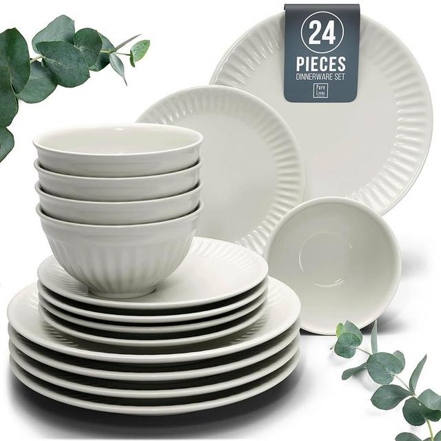 Stoneware Dinnerware Set for 8 People HYGGE 24-Piece - Elegant Scandi Design - Premium Dish Set - Bowl and Plate Set - Tableware for 8 People in a Ribbed Design - Pure Living in Beige
