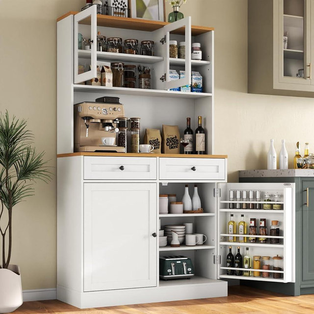 Gyfimoie Kitchen Pantry Storage Cabinet with 2 Drawers, Tall Kitchen Hutch with Microwave Stand, Modern Buffet Cabinet with Adjustable Shelves, Food Pantry with Glass Doors for Dining Room, White