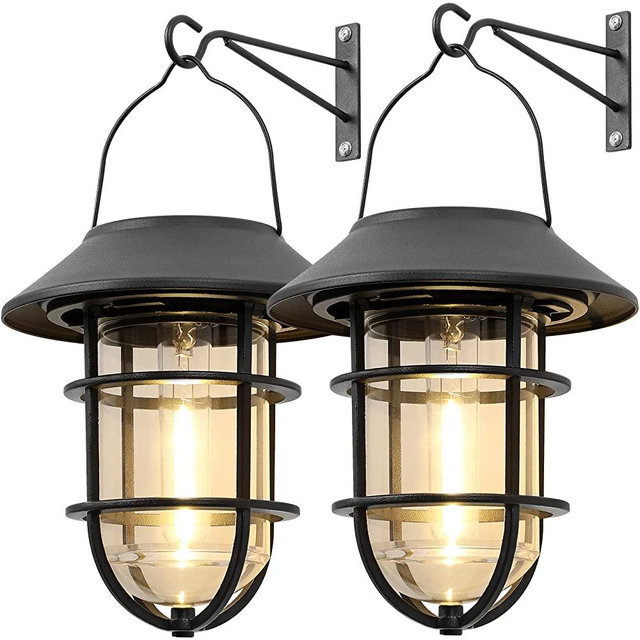 Upgraded Solar Outdoor Lights, Hanging Wireless Solar Lantern, Waterproof Solar Lights with Wall Mount Kit for Garden Patio Porch Fence Decor 2 Pack