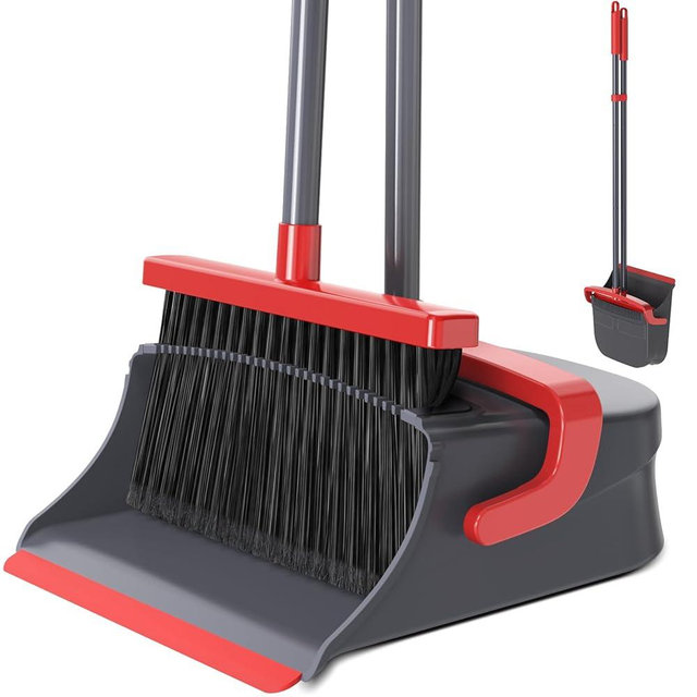 Zeawec Broom with Dustpan Combo Set, Long Handle Upright Standing Self-Cleaning Broom and Dustpan Set for Pet Hair & Dust Cleanup, Indoor Outdoor Use for Home, Kitchen, Office, Red & Gray