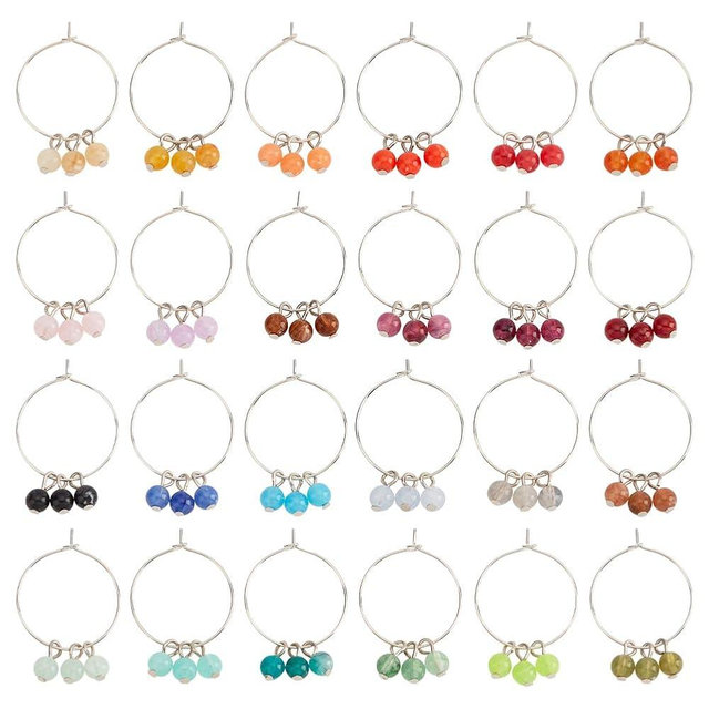 BENECREAT 24 PCS Acrylic Wine Glass Charm, Faux Gemstone Beaded Tassel Wine Glass Charm with Brass Wine Glass Charm Ring, For Wedding Receptions, Beach Party Wine Glass Markers