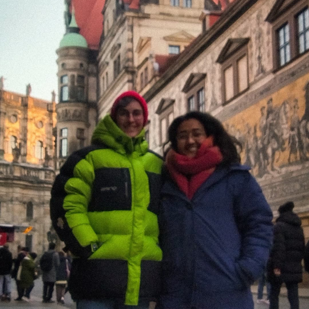 From our visit to Dresden. We wanted a photo together, so we balanced a phone on the corner of a wall. It came out a little blurry—but we love it anyway.