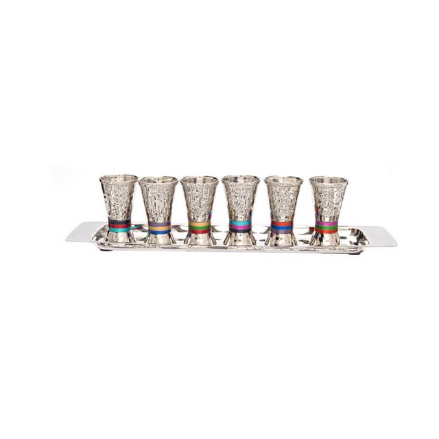 Yair Emanuel Modern Kiddush Cup Set with Tray - Modern Kiddush Set with Colored Rings - Set of 6