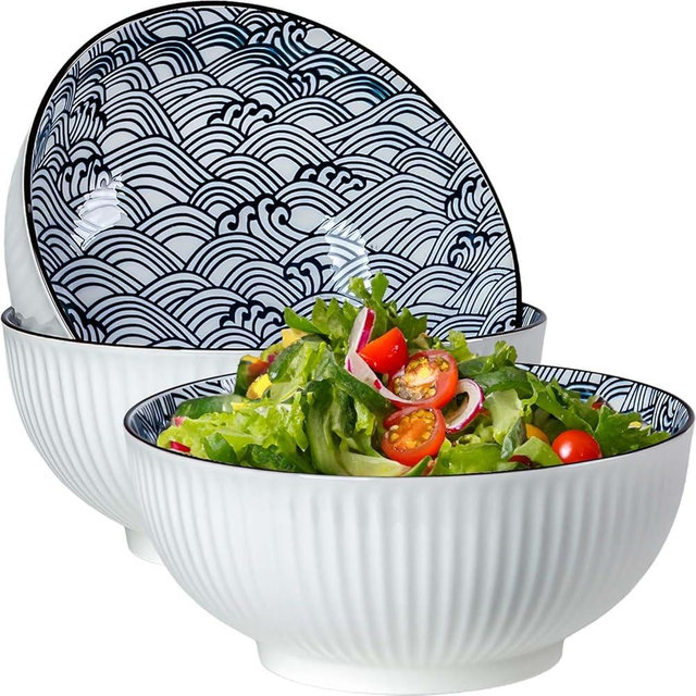 QINLANG 60 oz Large Soup Bowl, Pho Bowls, Japanese Ramen Bowls Set of 3, 8 in Blue and White Porcelain Big Bowls for Eating - Wave Pattern