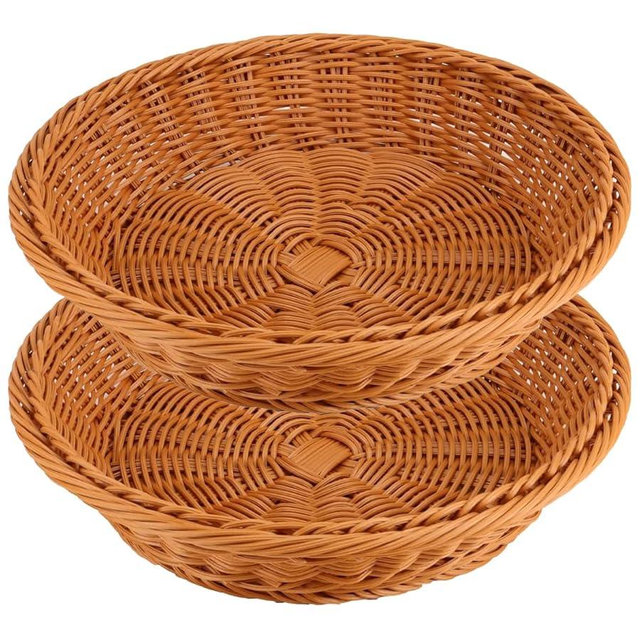 RT&BS 2pcs Round Bread Basket, Wicker Serving Basket, Easter Eggs Baskets, Eco-Friendly Sturdy Wicker Fruit Baskets for Kitchen, Store, Restaurant, Party (Brown, L)