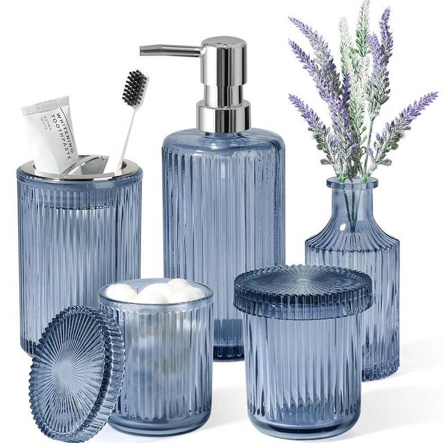 Blue Bathroom Accessories 5 Pcs, Glass Bathroom Accessory Set, Vintage Blue Bathroom Set, Royal Soap Dispenser and Toothbrush Holder Set, Qtip Holder, Small Flower Vase, Modern Bathroom Decor