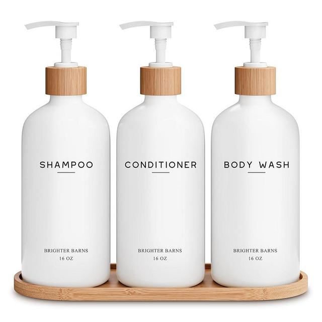 White Shampoo and Conditioner Dispenser Set by Brighter Barns - Shower Dispenser - Shampoo Conditioner Body Wash Dispenser with Pump - Shower Soap Dispenser for Bathroom Decor, Hotel, Airbnb (White)