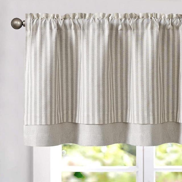 jinchan Linen Valance Curtain Striped Valance for Windows 18 Inch Blackout Kitchen Curtain Farmhouse Double Layer Valance for Living Room Ticking Stripe Valance Rod Pocket 1 Panel Taupe Grey on Beige