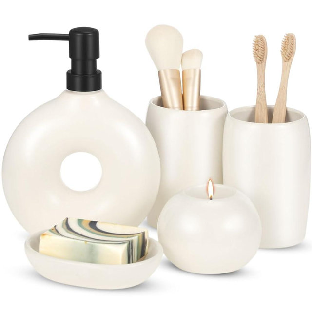 FoldTier 5 Pcs Ceramic Bathroom Accessories Set, Beige Counter Includes Soap Dispenser Toothbrush Cup Holder Soap Box and Candle Modern Matte Glaze Decor