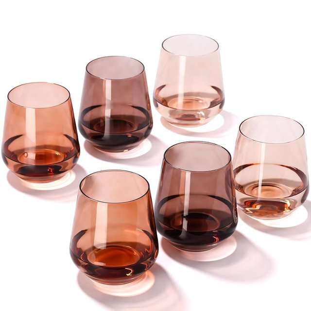 Venus Stemless Wine Glasses Set of 6-17oz Amber Brown Stemless Glassware for Beverages and Wine - Unique Drinking Glasses Set for Holiday Home and Bar Use Christmas and New Year Gifts