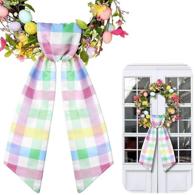 CraftyDream Wreath Sash for Front Door Wreath Satin Sash Blank Sashes Embroidery Monogram Yard Doorway Indoor Outdoor Wall Ribbon Bow Home Decor(Pastel,Easter Buffalo Plaid)