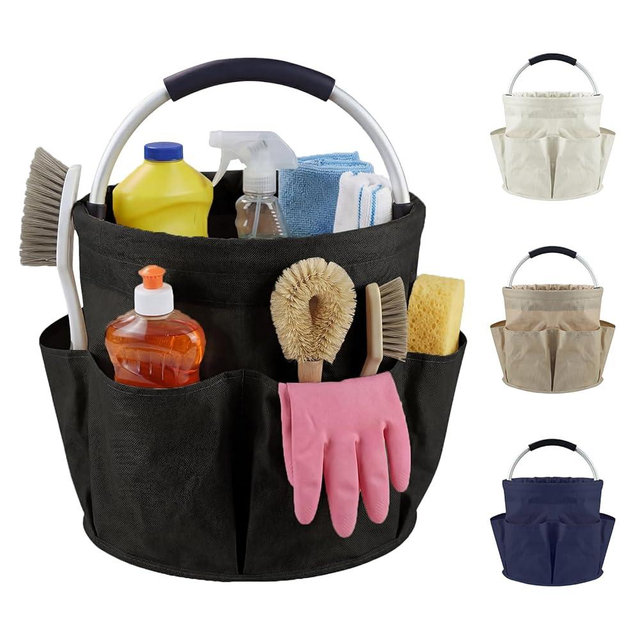 Cleaning Caddy with Handle and 6 Pockets, 17L Cleaning Supplies Organizer, 600D Oxford Fabric Storage Basket, Multifunctional Bucket Bag for Picnics, Camping, Gardening, Bathing (Black)