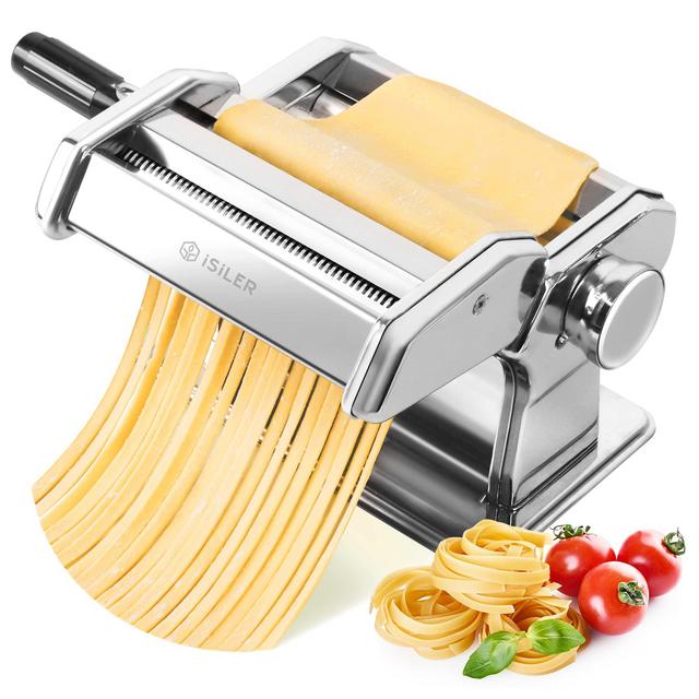 Pasta Machine, ISILER 9 Adjustable Thickness Settings Pasta Maker, 150 Roller Noodles Maker with Washable Aluminum Alloy Rollers and Cutter, FDA Approved for Pasta, Spaghetti, Fettuccini, Lasagna