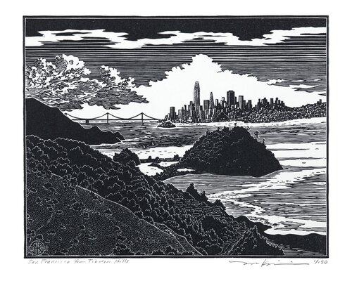 "San Francisco from Tiburon Hills" Woodblock Print by Tom Killion