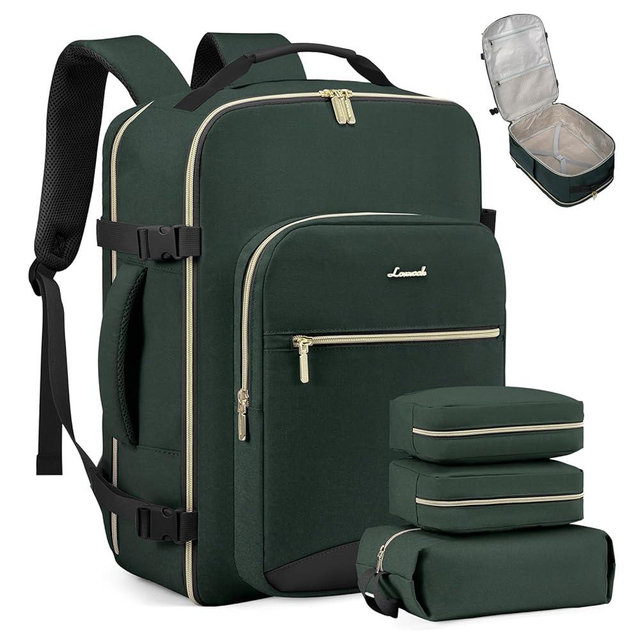 LOVEVOOK Carry on Travel Backpack, 50L Waterproof Large 18 inch Laptop Luggage Daypack as Personal Item Flight Approved, Business Weekender Overnight with 3 Packing Cubes, Dark green-Black-1