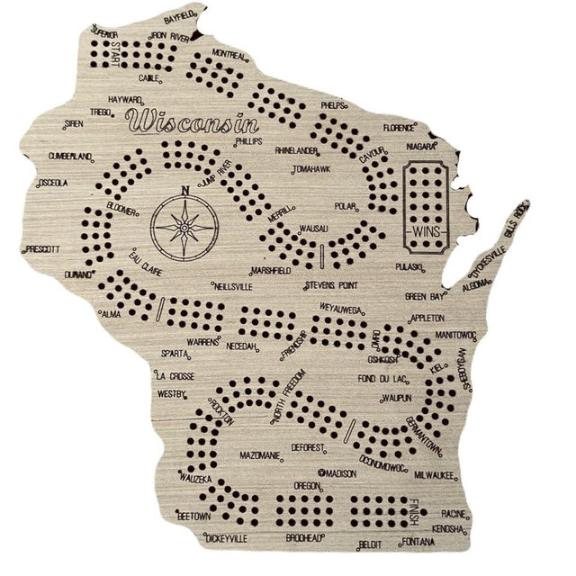 Cribbage Board Game Set, Wisconsin Shaped, Wooden Board with Metal Pegs, 3 Track Board, Made in Michigan USA