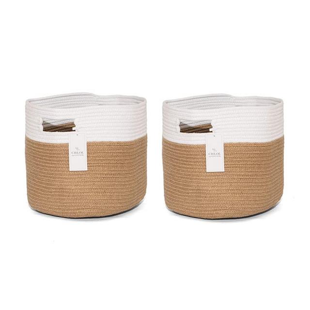 Chloe and Cotton Woven Fabric Cube Storage Baskets Jute White with Handles | Set of 2 | Cute Decorative Bins Containers Organizers For Cubes, Shelves, Bookcases, Cubbies, Organizing Containers