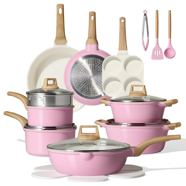 CAROTE 21 PCS Ceramic Cookware Set, Pots and Pans Set Non Stick, Pot and Pan Set with Frying pan, Induction Ready Cooking Set for Kitchen, PFOS/PFOA/PFAS Free, Pink