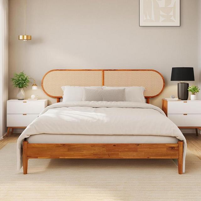 CBHME Queen Bed Frame with Rattan Headboard, Solid Wood Foundation with 12-Slat Wood Support, Bohemian and Mid Century Style, No Box Spring Needed, Caramel