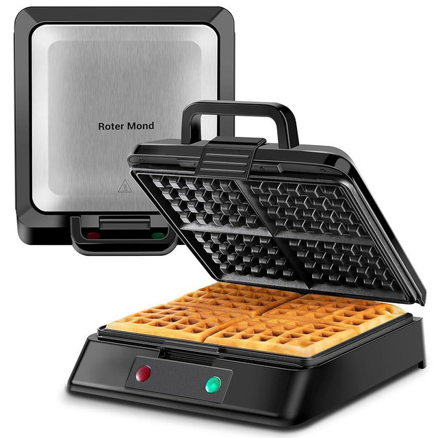 Roter Mond Waffle Maker, Nonstick 4 Slice Square Waffle Iron, Compact Classic Stainless Steel Waffle Maker for Family Use Breakfast, 1300W, Black