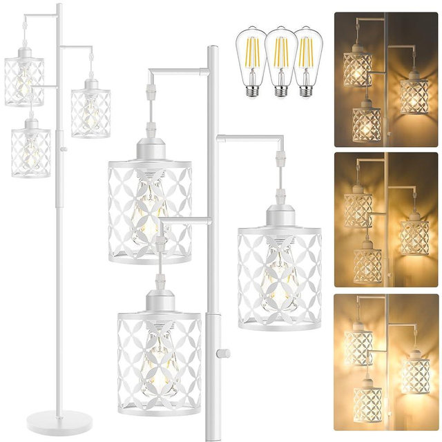 【Upgraded】72" Tall Dimmable Floor Lamp, Modern Standing Lamp with Elegant Metal Cages, Industrial Tree Floor Lamps for Living Room, Bedroom, Study Room, Office (3 x 800LM LED Bulbs Included) - White