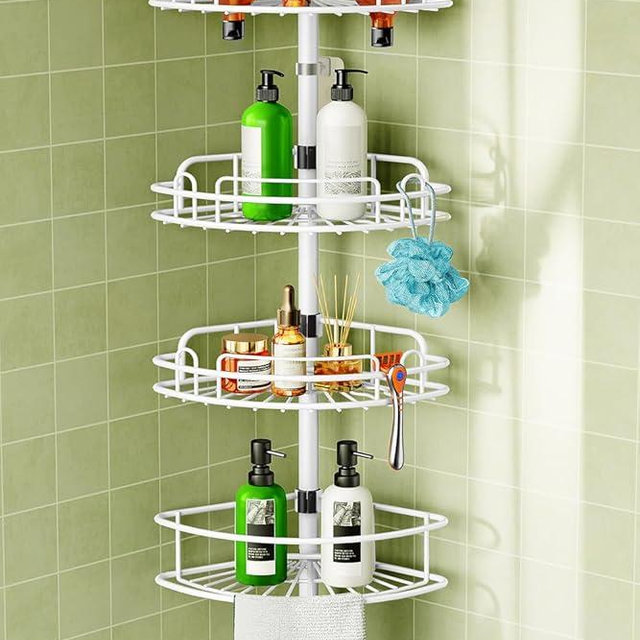 HAMITOR Corner Shower Caddy Tension Pole: Rustproof Bathroom Organizer Shelves for Bathtub Shampoo Accessories Storage Holder - 47-121 Inch Adjust - White