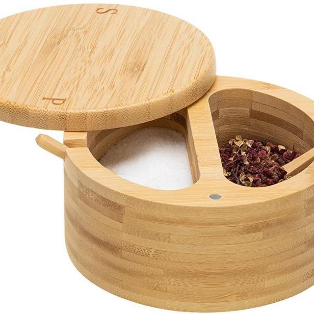 GARDOOR Bamboo Salt and Pepper Bowl Box - 2 Compartments Container Salt Cellar Storage - Built-in Mini Spoon for Salt & Pepper Keeper - Swivel Lid with Magnet to Keep Dry