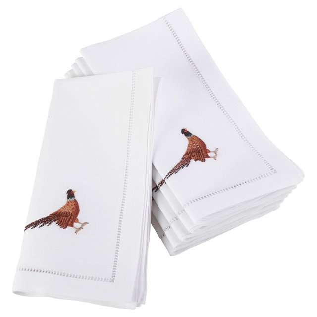 6pk White Embroidered Pheasant Design Napkin 20" - Saro Lifestyle