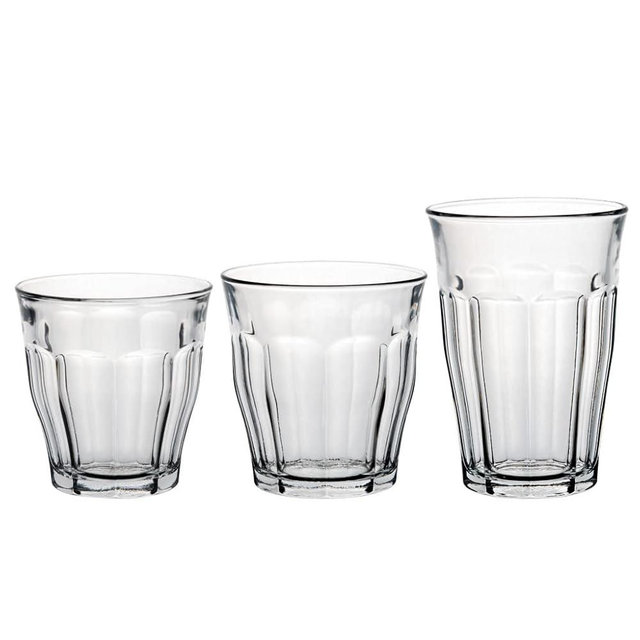 Duralex Made In France Picardie 18-Piece Glass Tumbler Drinking Set, Clear. Set includes; (6 Units) 8-3/8 oz Tumblers; (6 Units) 10-3/8 oz Tumblers; (6 Units) 12-1/8 Tumblers