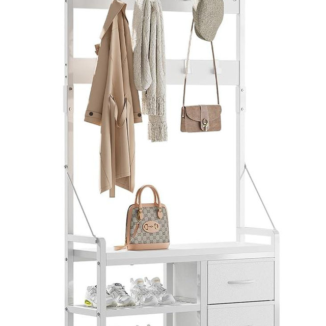 Lulive Hall Tree, 31.5” Entryway Bench with Coat Rack freestanding, 5 in 1 Intelligent Design Shoe Bench and Wall Rack 17 Hooks and Drawers (White)