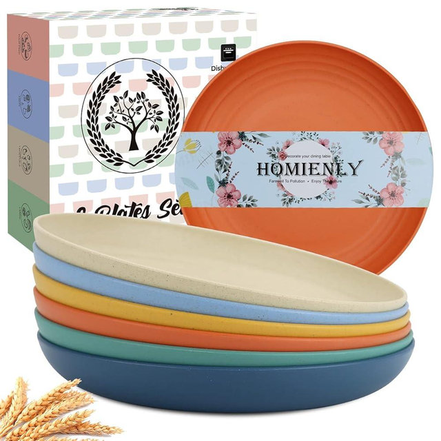 Homienly Deep Plates 6 PCS Reusable Dinner Plates Alternative for Plastic Plates Microwave and Dishwasher Safe Wheat Straw Plates for Kitchen Unbreakable Kids Plates with 6 Colors (10 INCH)