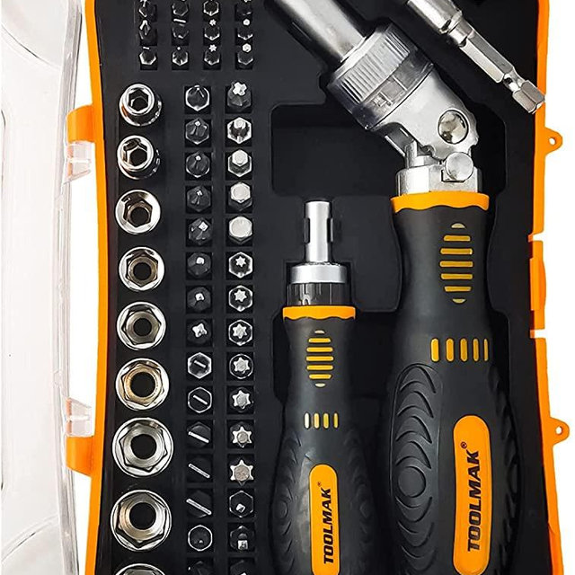Ratcheting Screwdriver Set TOOLMAK 61pcs Socket Set & Magnetic Screwdriver Bit Set with Rotatable Ratchet Handles ＆ Storage Case，Household Repair Tool Kits for Bike