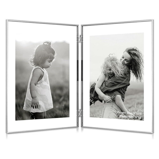 RICHFOCUS 8x10 Double Floating Picture Frame, Floating Display for 5x7 6x8, Hinged Folding Beaded Metal Picture Frames with Real Glass, Tabletop Photo Frame for Multiple Size, for Home Decor, Silver