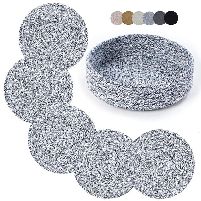 Trivets for Hot Dishes, Trivets for Hot Pots and Pans, 7 Inchs Hot Pads 5 Pcs and Storage Basket 1 Pack for Countertops, Pot Holders for Kitchen, Cotton Table Protector Hot Mats Heat Resistant (Blue)