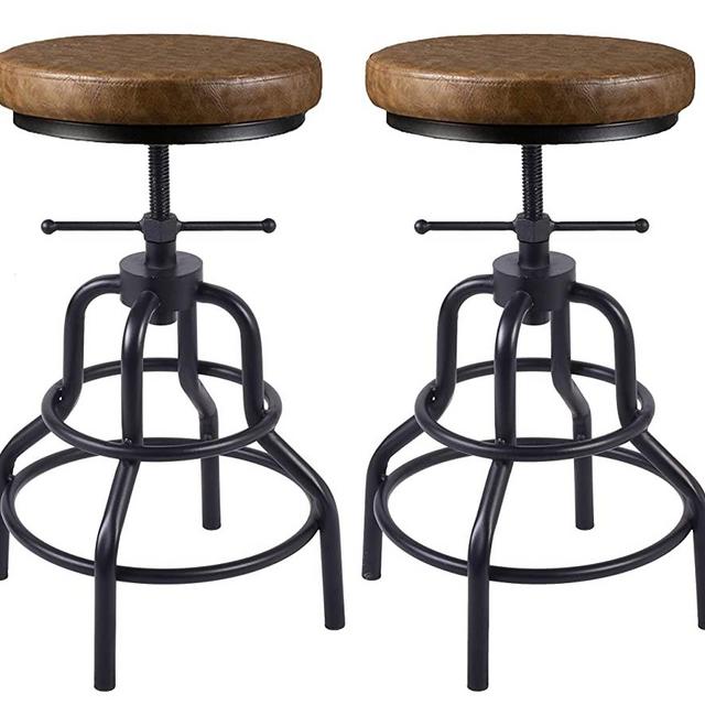 Industrial Bar Stools-Swivel Leather Metal Bar Stool-20-27 Inch Tall Counter Height-Adjustable Kitchen Stool Dining Chair Cafe Stools (Set of 2)