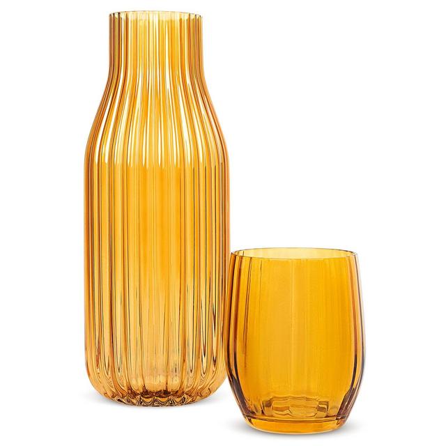 Elle Decor Ribbed Bedside Water Carafe with Tumbler Set, Ribbed Glass Pitcher and Matching Drinking Glass Doubles as Lid, 39-Ounce, Amber