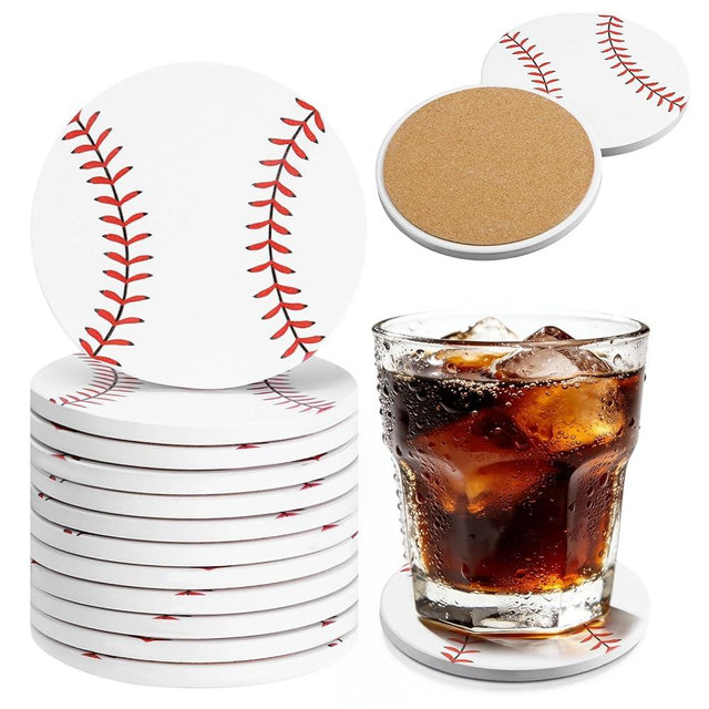 FoldTier 12 Pcs Baseball Drink Coasters 4 Inch Round Ceramic Drink Coasters with Absorbent Cork Backing Table Protection Fun Sports Gifts for Baseball Team Fans Coaches Party Favors(White)
