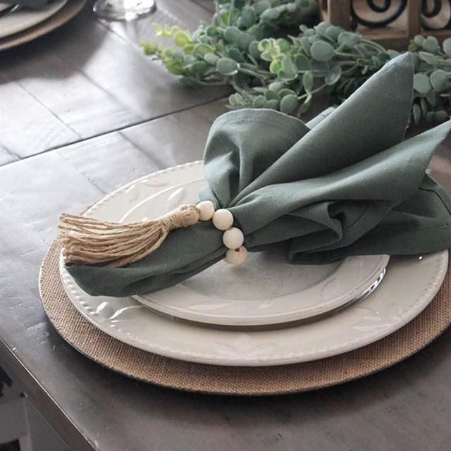 LuckyShe Napkin Rings Farmhouse Natural White Wooden Beads Tassels,Set of 12