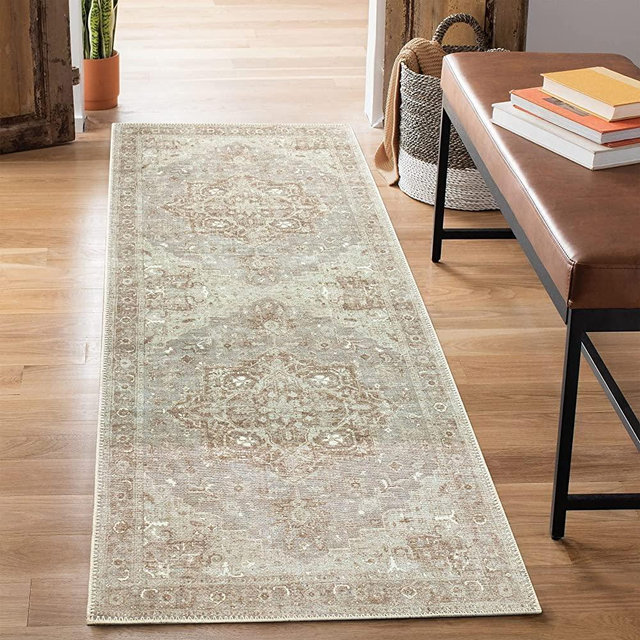 Bloom Rugs Washable Non-Slip 2.5' x 7' Runner - Beige/Gray Traditional Persian Runner for Entryway, Hallway, Bathroom, and Kitchen - Exact Size: 2'6" x 7'