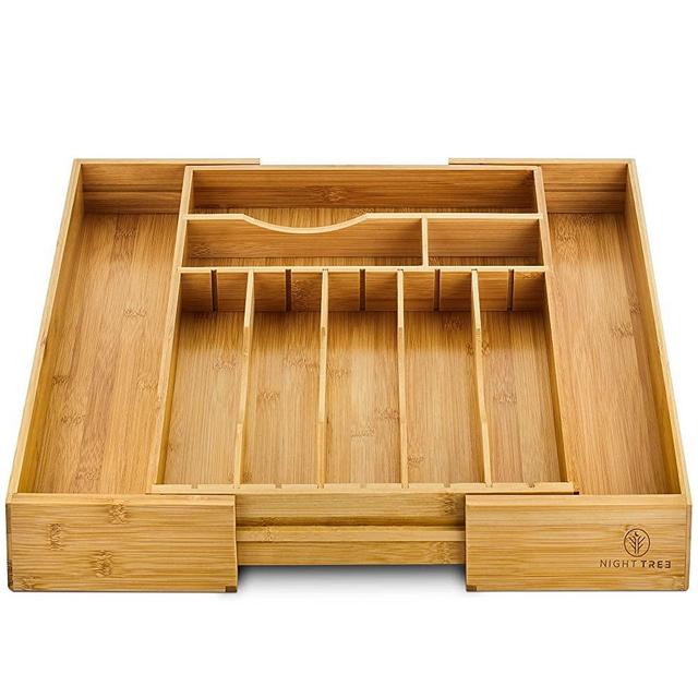 Bamboo Expandable (XL) Silverware Drawer Organizer - Stylish Kitchen bamboo Drawer Organizer For Cutlery Tray / Utensil Tray / Kitchen Gadgets - 100% Bamboo - Expands from 13.7 - 21.6 Wide X 17L X 2.5H Inches