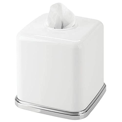 mDesign Square Plastic Disposable Facial Tissue Box Cover and Holder for Bathroom Vanity Countertops, Bedroom Dressers, Night Stands, Desks, Tables - White/Chrome