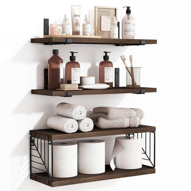 Fixwal 3+1 Tier Bathroom Floating Shelves Over Toilet, 15.8in Farmhouse Rustic Wood Shelves, Wall Decor for Bathroom, Living Room,Bedroom and Kitchen (Dark Brown)