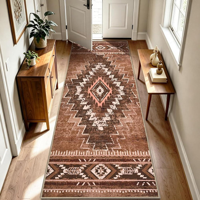 Yinhua 2x8 Hallyway Runner Rug Washable, Western Runner Rug Non Slip, Aztec Long Kitchen Rugs Low-Pile, Soft Brown Carpet for Bedside Bathroom Laundry